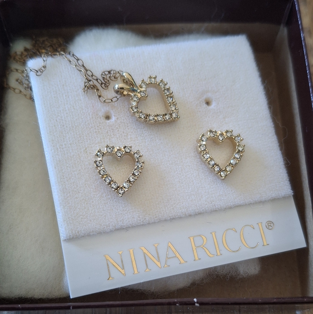 Vintage Nina Ricci Gold Heart Necklace and Earring Set With Crystal Stones